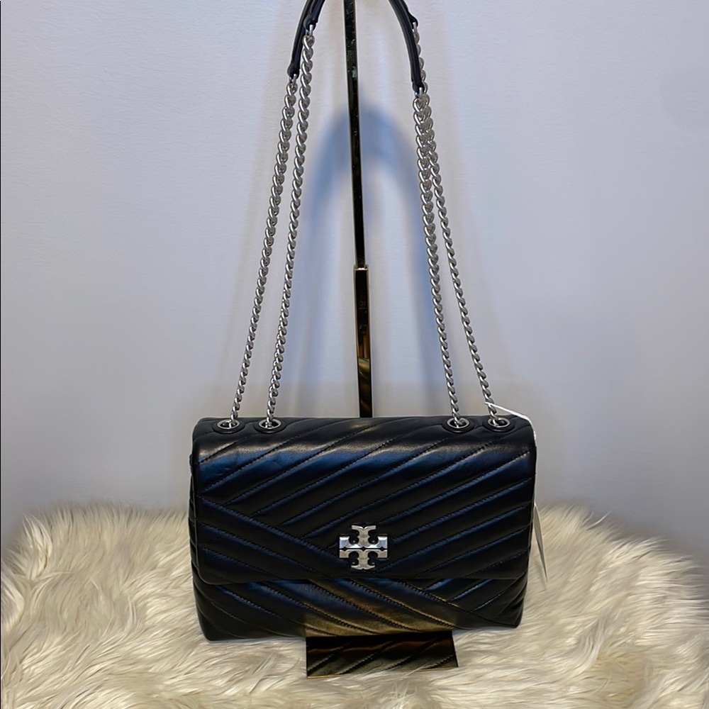 Tory Burch Black Quilted Shoulder Bag with Silver Chain